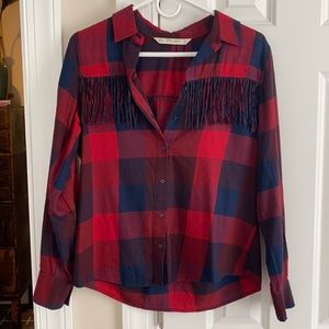 Zara Red/Blue Fringe Plaid Blouse 6
